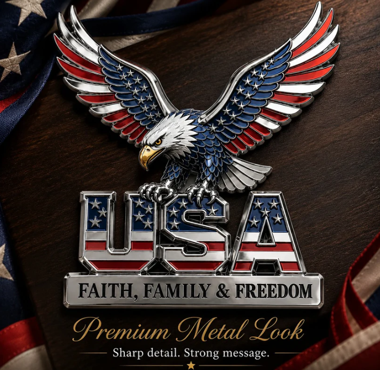 USA 250th Anniversary Metal Emblem – Faith, Family & Freedom Patriotic Car Badge