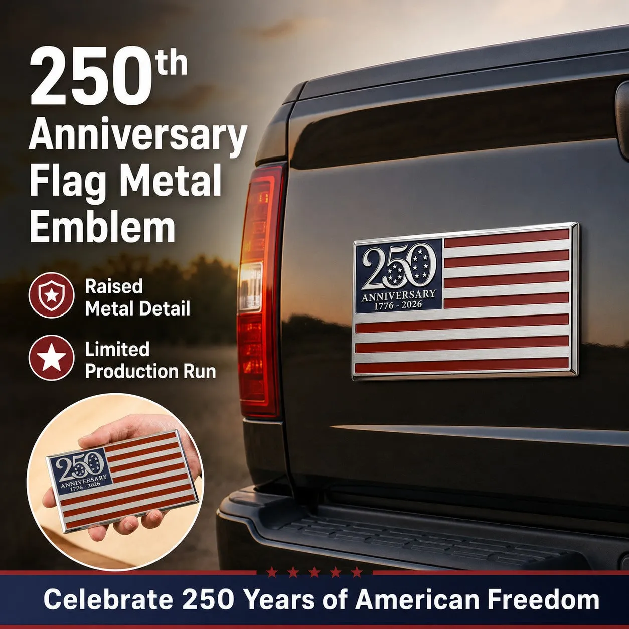 USA 250th Anniversary Metal Emblem – Faith, Family & Freedom Patriotic Car Badge