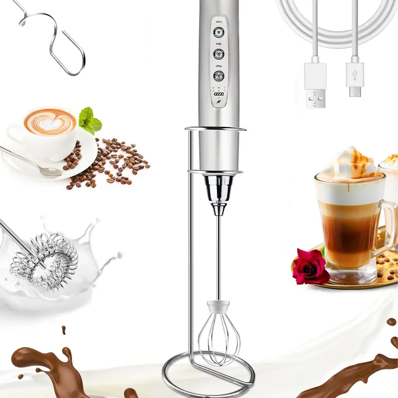 Handheld Milk Frother for Coffee, Rechargeable Electric Whisk with 3 Heads 3 Speeds