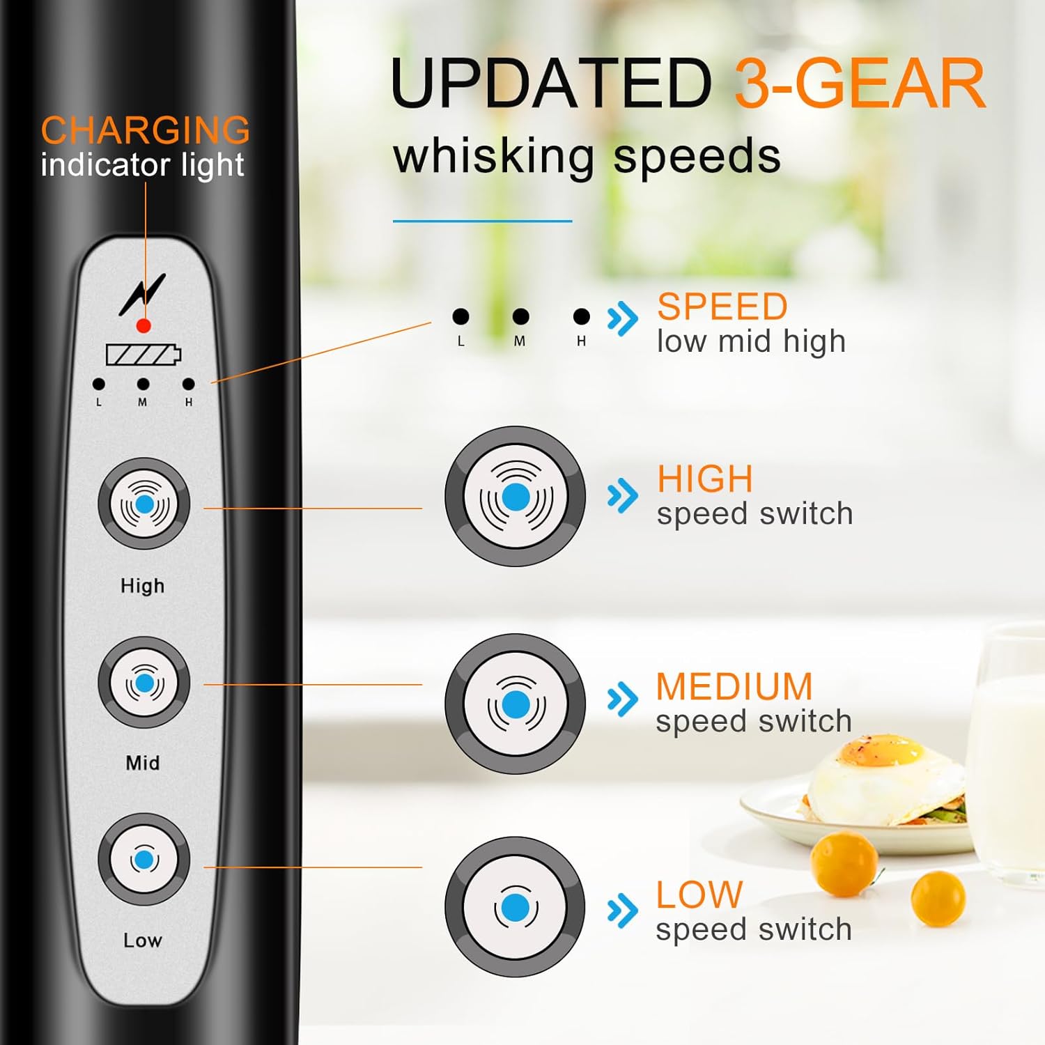 Handheld Milk Frother for Coffee, Rechargeable Electric Whisk with 3 Heads 3 Speeds