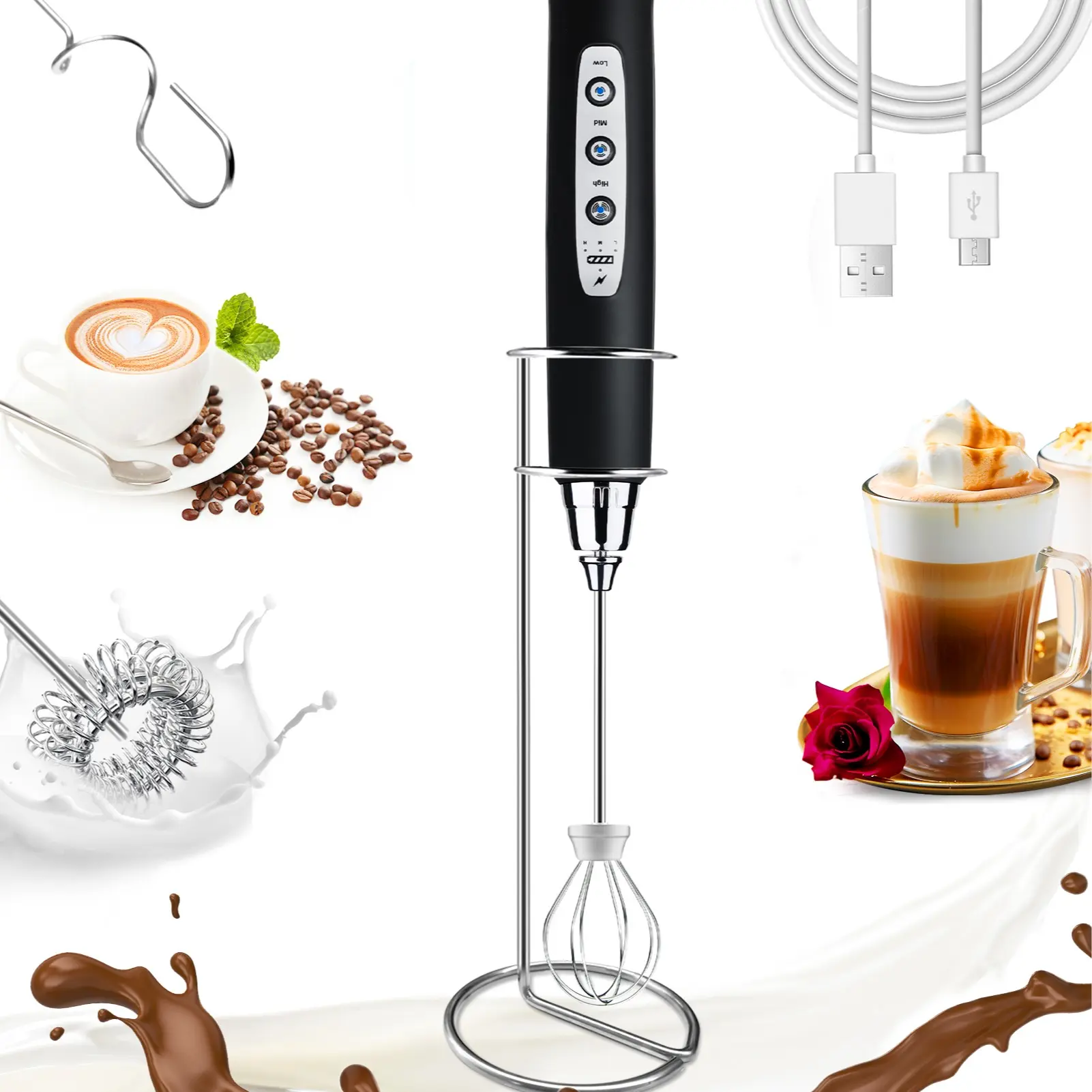 Handheld Milk Frother for Coffee, Rechargeable Electric Whisk with 3 Heads 3 Speeds