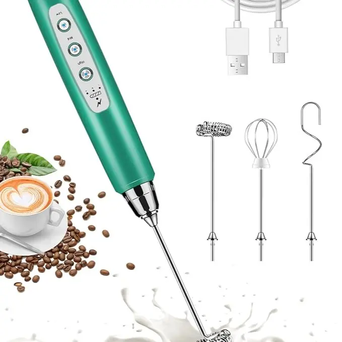 Handheld Milk Frother for Coffee, Rechargeable Electric Whisk with 3 Heads 3 Speeds