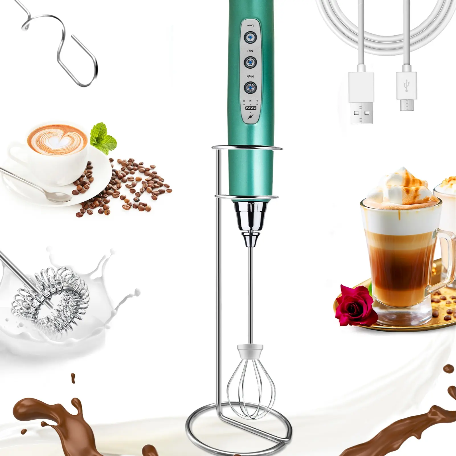 Handheld Milk Frother for Coffee, Rechargeable Electric Whisk with 3 Heads 3 Speeds