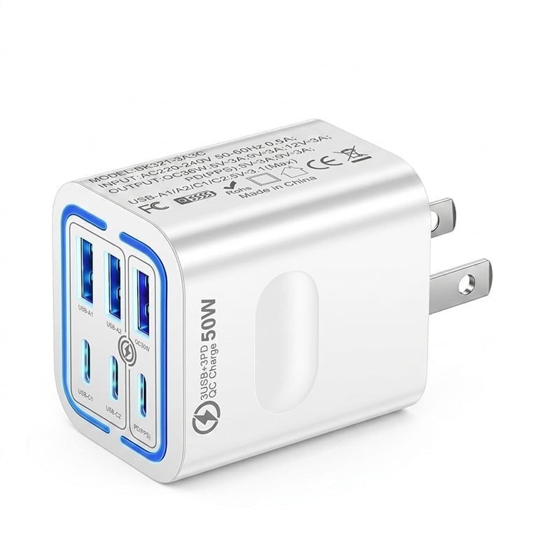 50W Multi-Port Fast Charger – Charge Up to 6 Devices Simultaneously with Smart Power Distribution