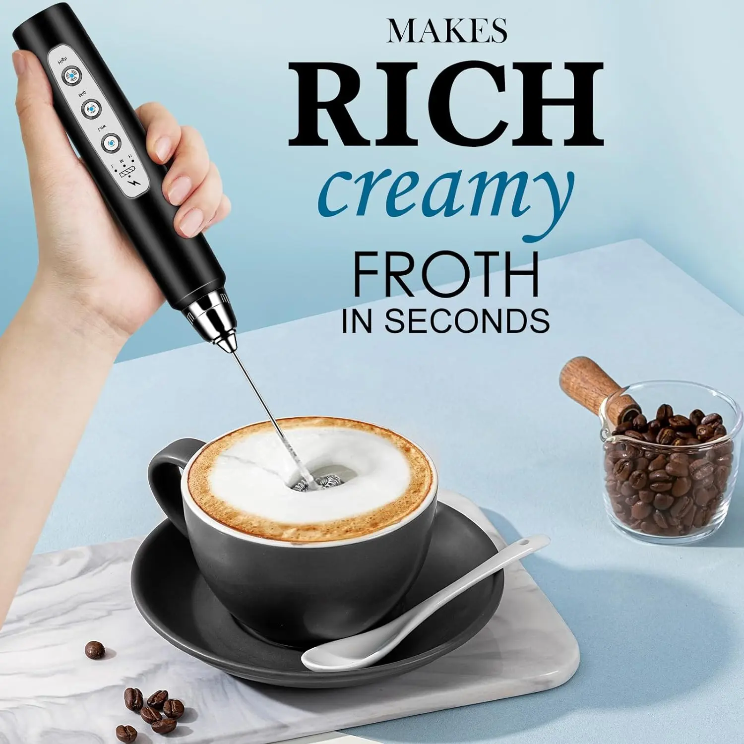 Handheld Milk Frother for Coffee, Rechargeable Electric Whisk with 3 Heads 3 Speeds