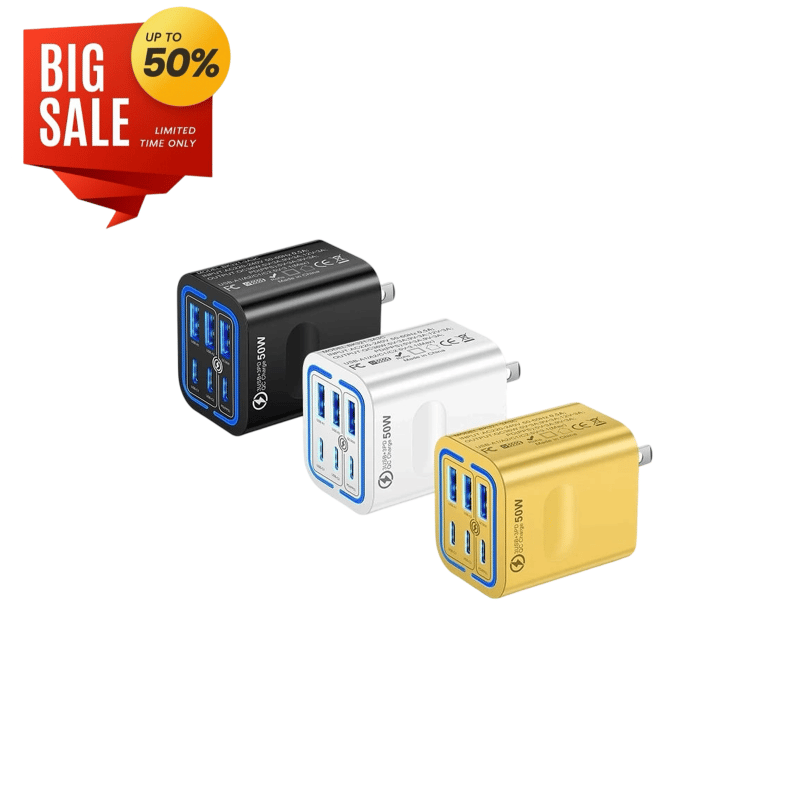 50W Multi-Port Fast Charger – Charge Up to 6 Devices Simultaneously with Smart Power Distribution