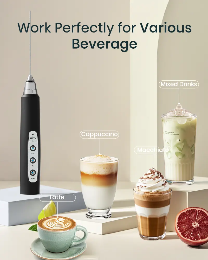Handheld Milk Frother for Coffee, Rechargeable Electric Whisk with 3 Heads 3 Speeds