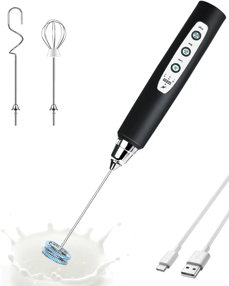 Handheld Milk Frother for Coffee, Rechargeable Electric Whisk with 3 Heads 3 Speeds