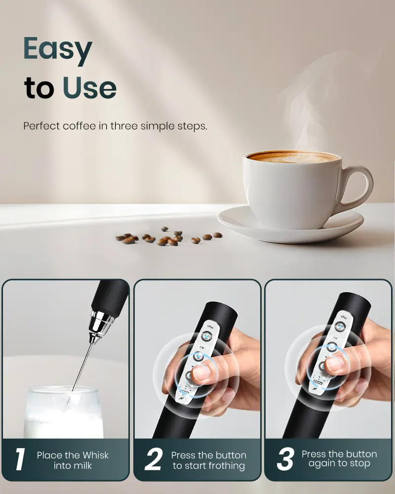 Handheld Milk Frother for Coffee, Rechargeable Electric Whisk with 3 Heads 3 Speeds
