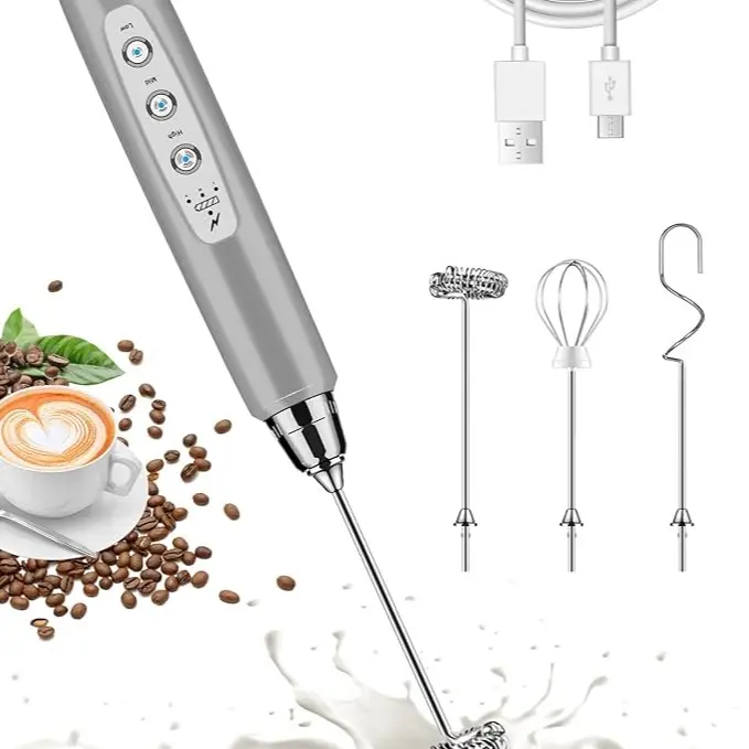Handheld Milk Frother for Coffee, Rechargeable Electric Whisk with 3 Heads 3 Speeds