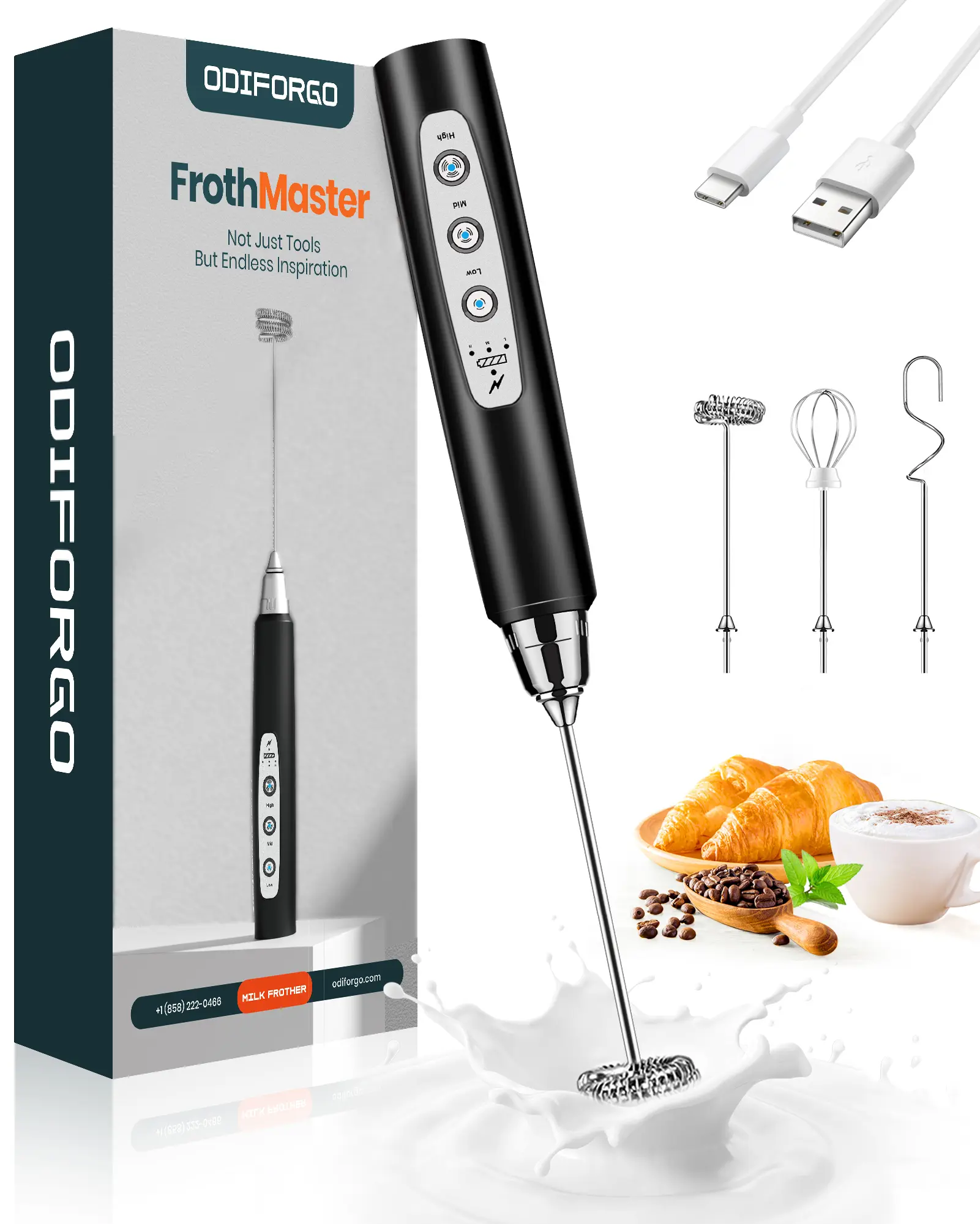 Handheld Milk Frother for Coffee, Rechargeable Electric Whisk with 3 Heads 3 Speeds