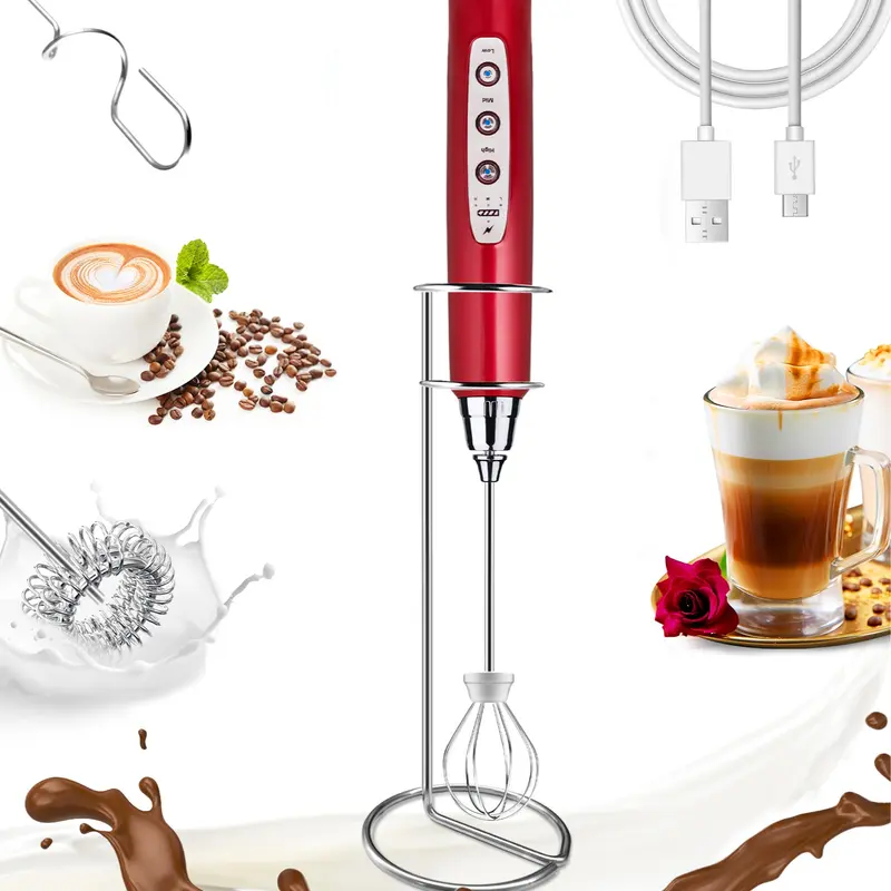 Handheld Milk Frother for Coffee, Rechargeable Electric Whisk with 3 Heads 3 Speeds