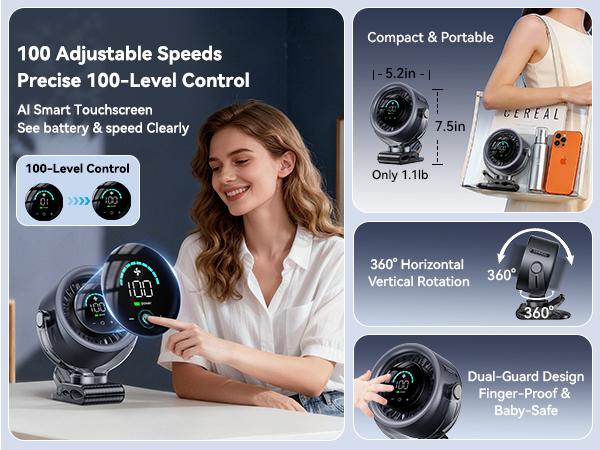 4000mAh Rechargeable Portable Clip on Fan-100-Speed Touch Control, LED Display, 360&deg; Rotate Quiet Turbo Desk Fan, Small Battery Operated USB Fan for Stroller Bed Travel Camping Golf Gym