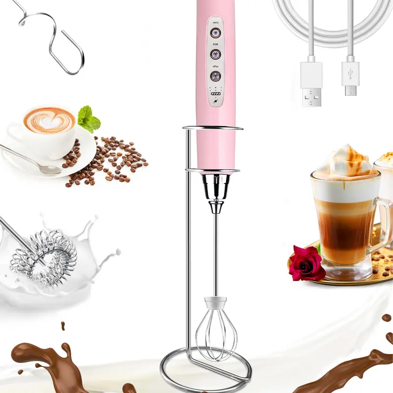 Handheld Milk Frother for Coffee, Rechargeable Electric Whisk with 3 Heads 3 Speeds