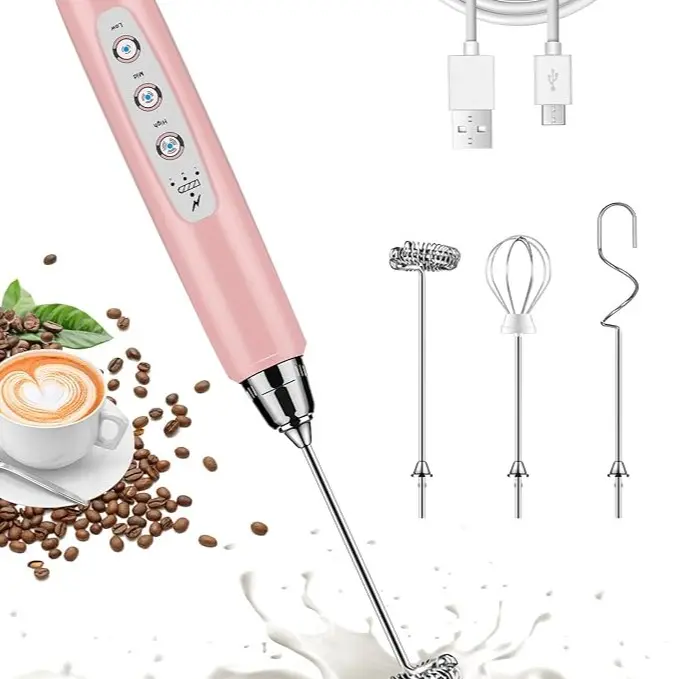 Handheld Milk Frother for Coffee, Rechargeable Electric Whisk with 3 Heads 3 Speeds