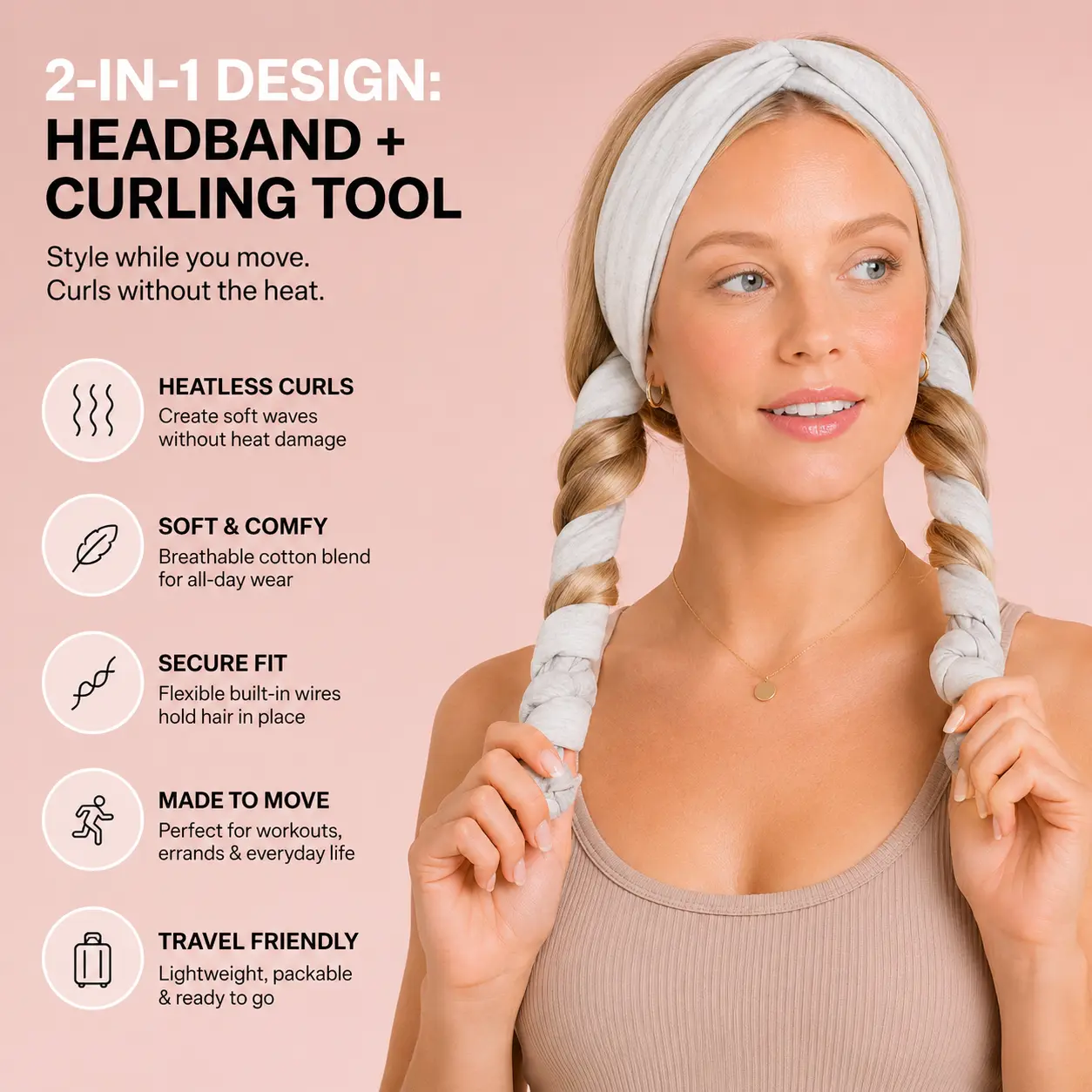 Heather Gray Set & Flow Active Curling Headband – Kitsch Heatless Hair Curler for Soft Waves & Curls
