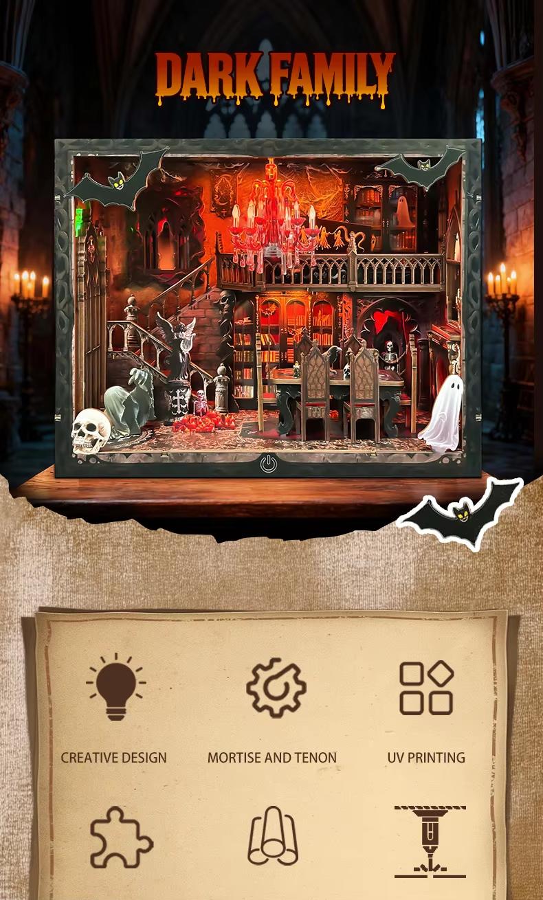 3D Wooden Miniature House Kit, Halloween Miniature Book Nook Shelf Kit, DIY Bookshelf Insert Decorative Model, Wooden Puzzle Bookend, Light-Up Model Toy Gift & Wooden House Kit for Adults 14+