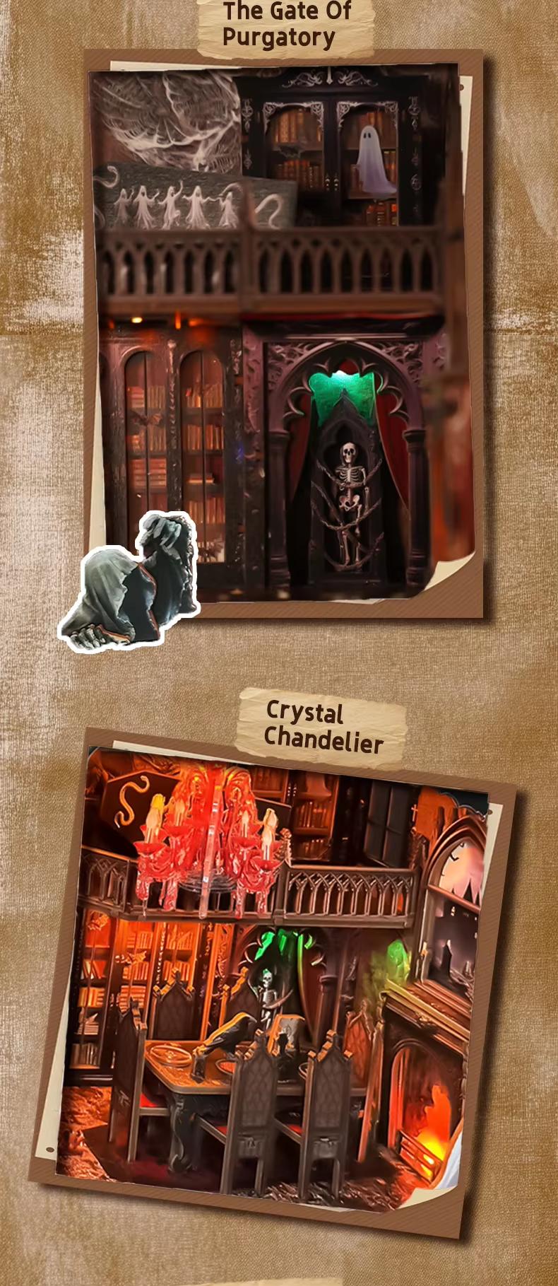 3D Wooden Miniature House Kit, Halloween Miniature Book Nook Shelf Kit, DIY Bookshelf Insert Decorative Model, Wooden Puzzle Bookend, Light-Up Model Toy Gift & Wooden House Kit for Adults 14+