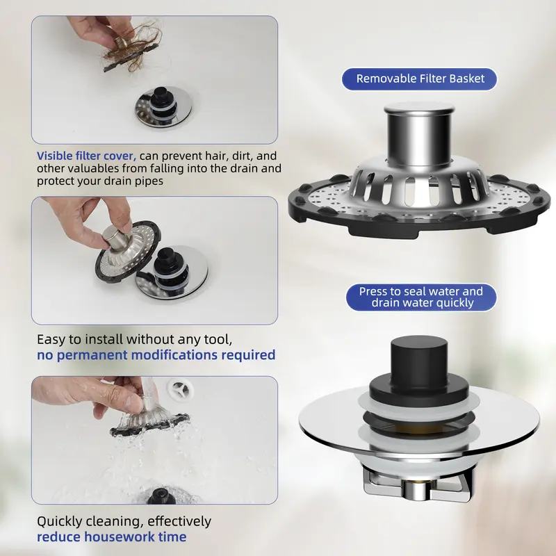 3-in-1 Pop-up Sink Stopper - 1 Pack Chrome Fits 1.5-2.4in Standard Bathroom Holes