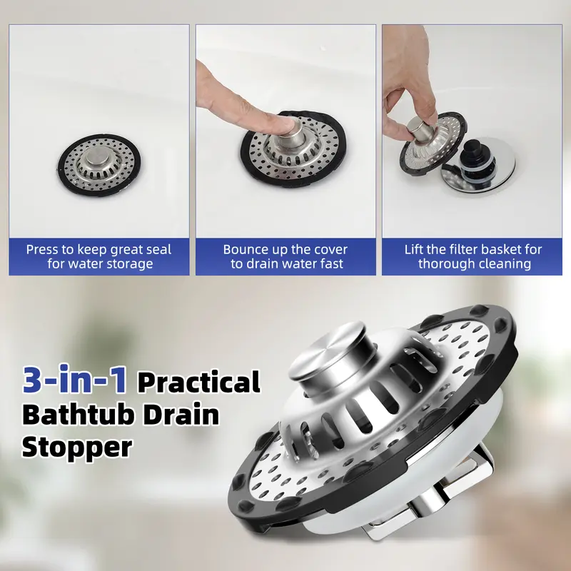 3-in-1 Pop-up Sink Stopper - 1 Pack Chrome Fits 1.5-2.4in Standard Bathroom Holes
