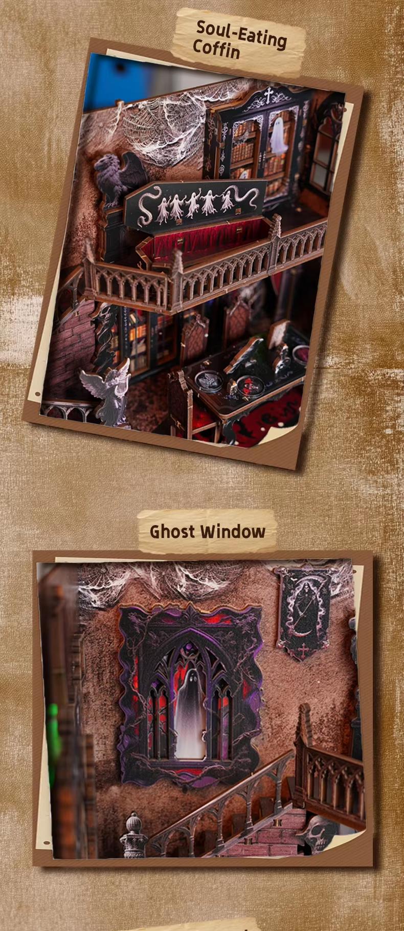 3D Wooden Miniature House Kit, Halloween Miniature Book Nook Shelf Kit, DIY Bookshelf Insert Decorative Model, Wooden Puzzle Bookend, Light-Up Model Toy Gift & Wooden House Kit for Adults 14+