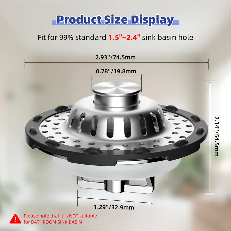 3-in-1 Pop-up Sink Stopper - 1 Pack Chrome Fits 1.5-2.4in Standard Bathroom Holes