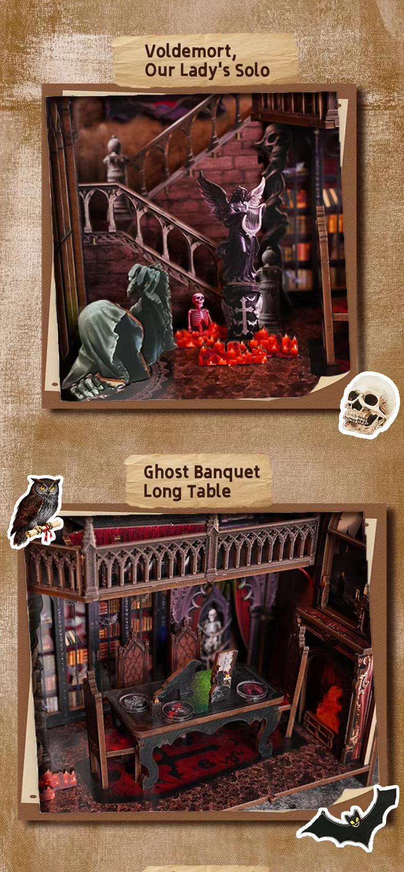3D Wooden Miniature House Kit, Halloween Miniature Book Nook Shelf Kit, DIY Bookshelf Insert Decorative Model, Wooden Puzzle Bookend, Light-Up Model Toy Gift & Wooden House Kit for Adults 14+