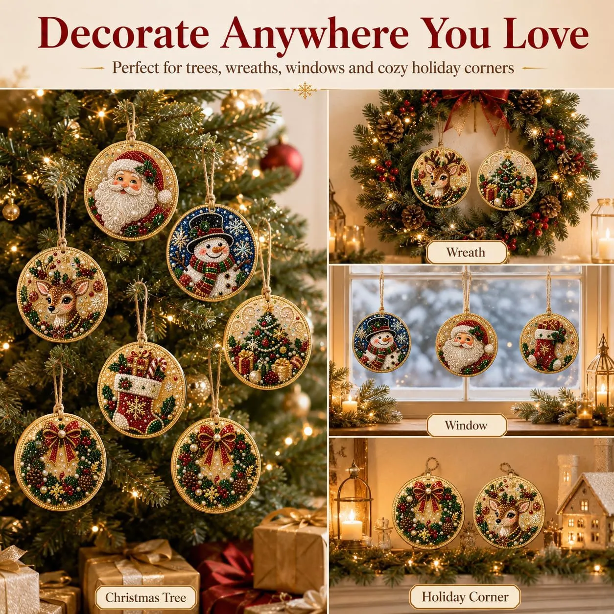 Finished DIY diamond painting ornaments sparkling on a Christmas tree