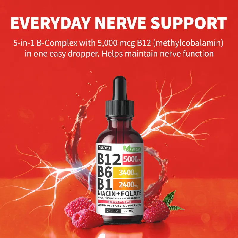 Vitamin B12 Energy Drops – B6, B1, Folate & Niacin Liquid Supplement (2-Pack)