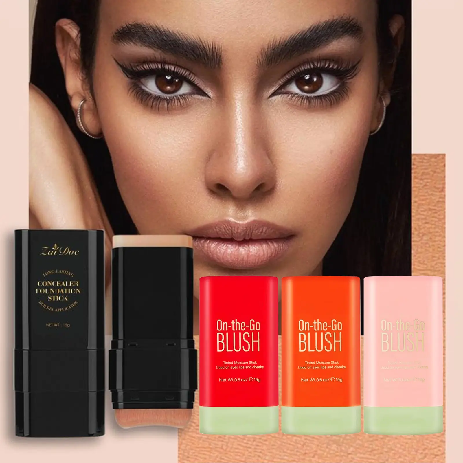 Zaidoc 2-in-1 Dual-Ended Foundation & Concealer Stick – Full Coverage, Hydrating Formula with Brush (7 Shades)
