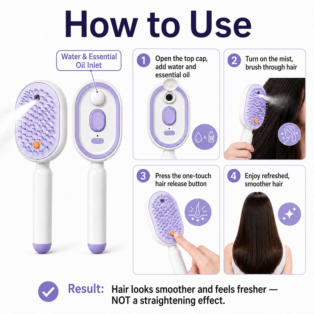 【Not straightened】Electric Spray Air Cushion Massage Comb, Self-Cleaning Anti-Tangle Hair Brush, Anti-Static Volumizing Scalp Massage Brush for Dry Frizzy Hair Care, No Essential Oil Included