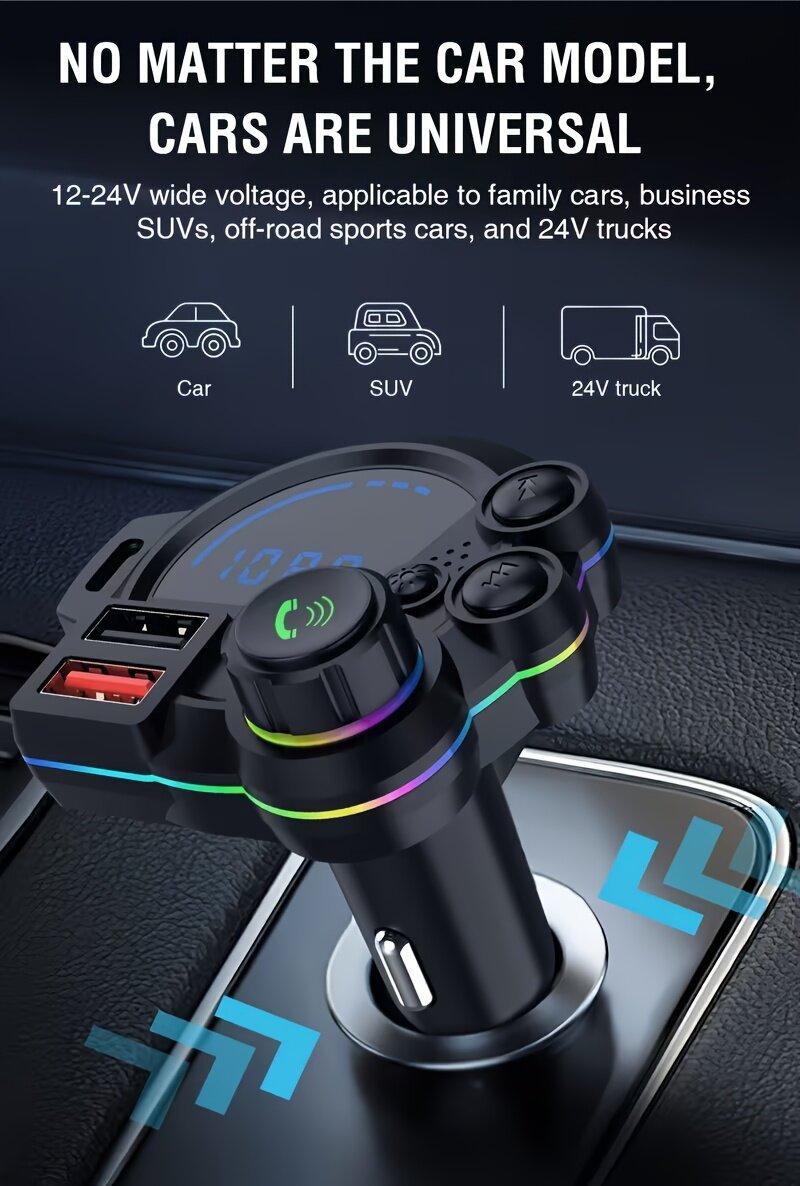 PD 30W Type-C Car Charger & Bluetooth 5.3 FM Transmitter, Wireless MP3 Player with Dual USB Ports, Bass Sound Enhancer, RGB Glowing Radio Adapter, Hands-Free Calls, Car Accessories & Road Trip Essentials, Compatible with 12V-24V
