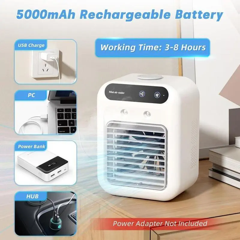 BougeRV Portable Air Cooler Fan, 3-in-1 Rechargeable Fan with 2 Mist Speeds and Powerful Wind, Mini Multifunctional Cooling Fan for Bedroom, Office, Camping