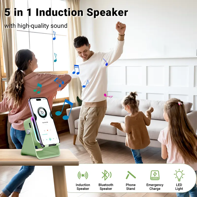 PUTARE Wireless Induction Audio Speaker Stand, 5in1 Cellphone Holder, 3500mAh Rechargeable Emergency Power Bank,360° Adjustable Mobile Tablet Stand with Colorful Ambient Light Gifts for Men Women SummerWins