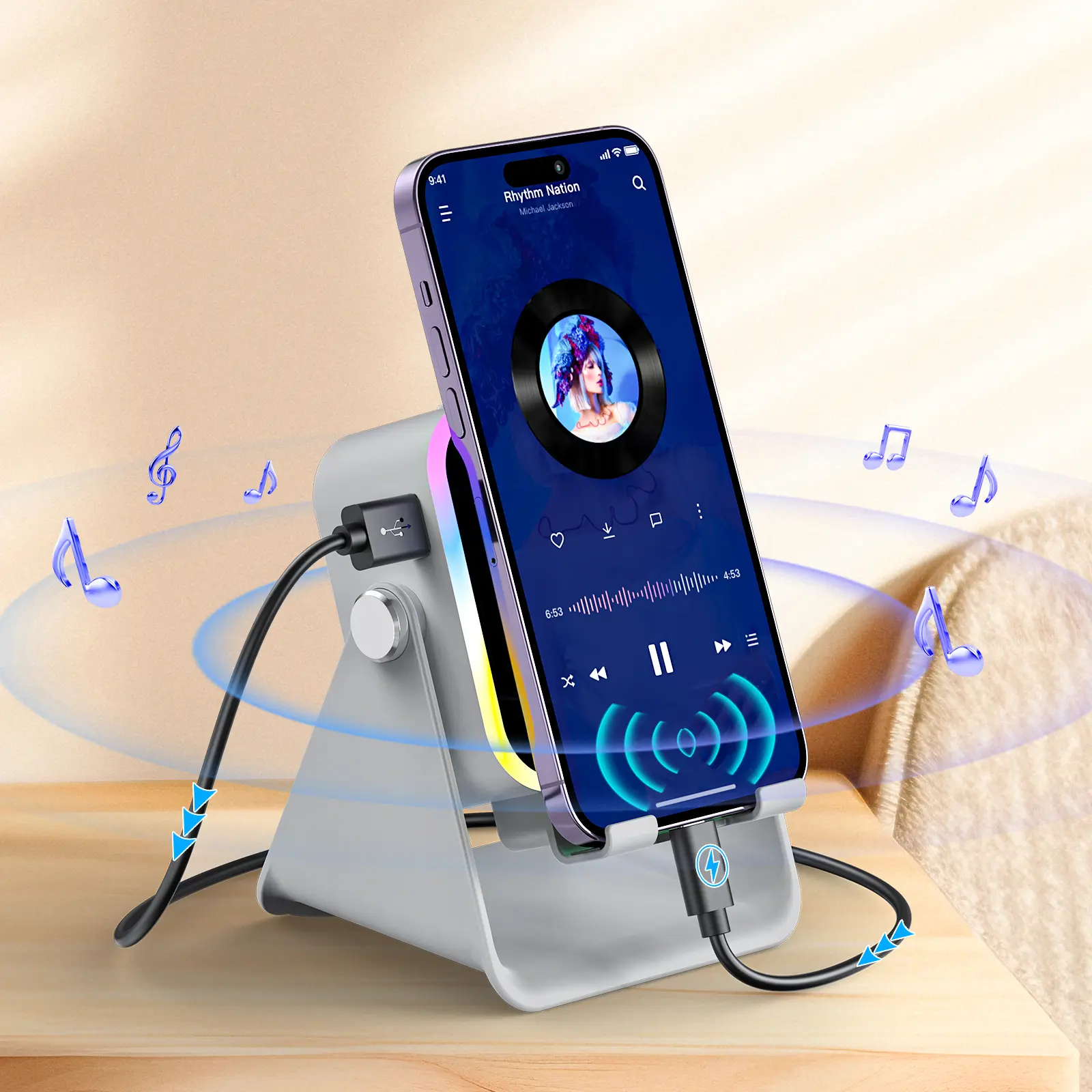PUTARE Wireless Induction Audio Speaker Stand, 5in1 Cellphone Holder, 3500mAh Rechargeable Emergency Power Bank,360° Adjustable Mobile Tablet Stand with Colorful Ambient Light Gifts for Men Women SummerWins