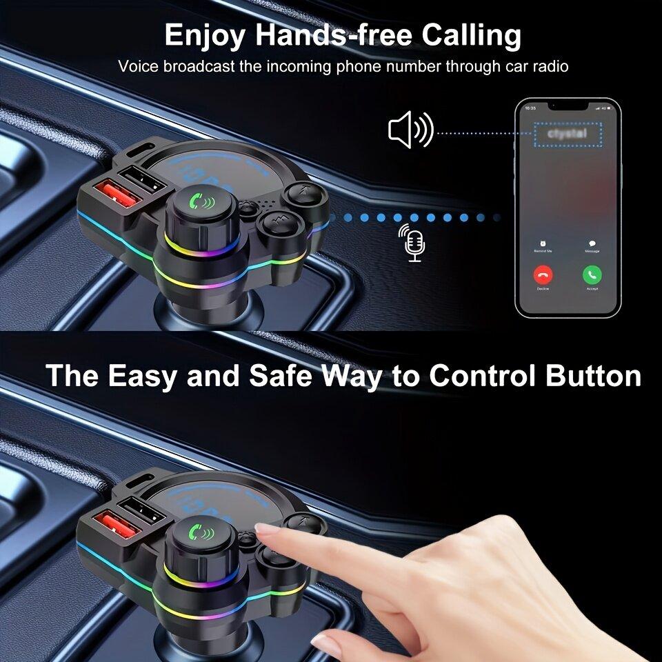 PD 30W Type-C Car Charger & Bluetooth 5.3 FM Transmitter, Wireless MP3 Player with Dual USB Ports, Bass Sound Enhancer, RGB Glowing Radio Adapter, Hands-Free Calls, Car Accessories & Road Trip Essentials, Compatible with 12V-24V