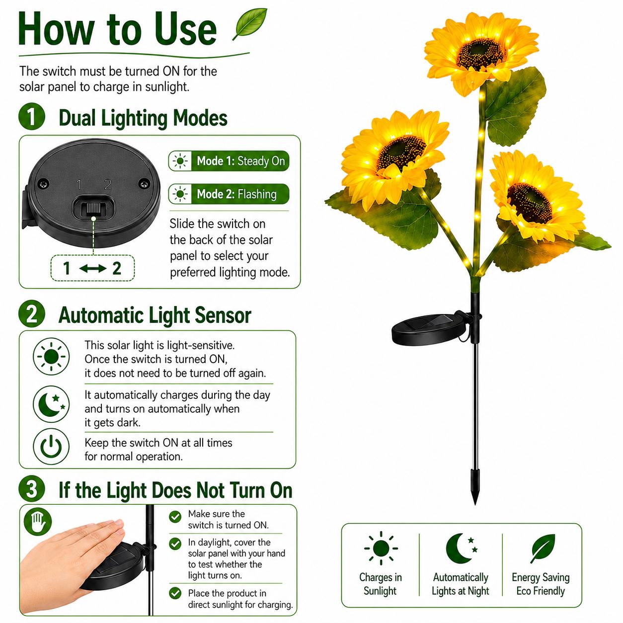 Solar Powered LED Sunflower Garden Lights Set of 2/4/6 Pieces Realistic Nighttime Glow for Yard Lawn Patio Porch Waterproof IP65 Energy Efficient Outdoor Lighting Durable Plastic Flowers All Weather Protection