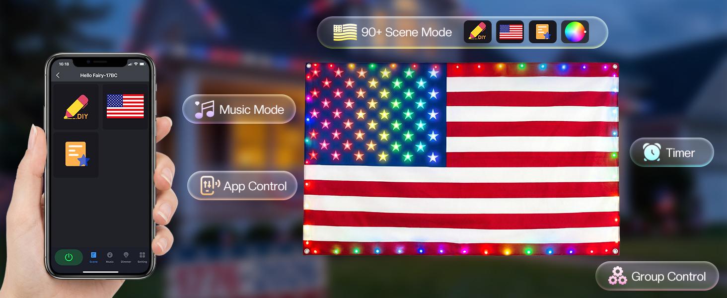 Avatar Controls 3x5FT  Smart American Flag Lights App Control Flag 4th of July Decorations Lights DIY Color, Music Sync Light Up Patriotic US Flag Lights for Wall Bedroom, Memorial Day, Independence Day, 250th Anniversary summergarden