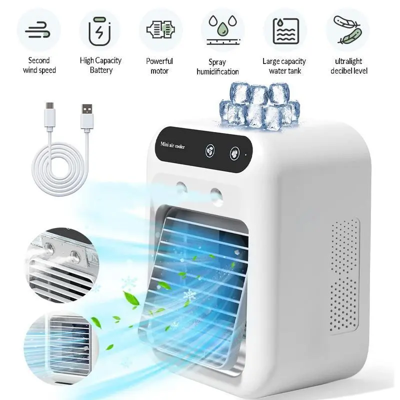 BougeRV Portable Air Cooler Fan, 3-in-1 Rechargeable Fan with 2 Mist Speeds and Powerful Wind, Mini Multifunctional Cooling Fan for Bedroom, Office, Camping