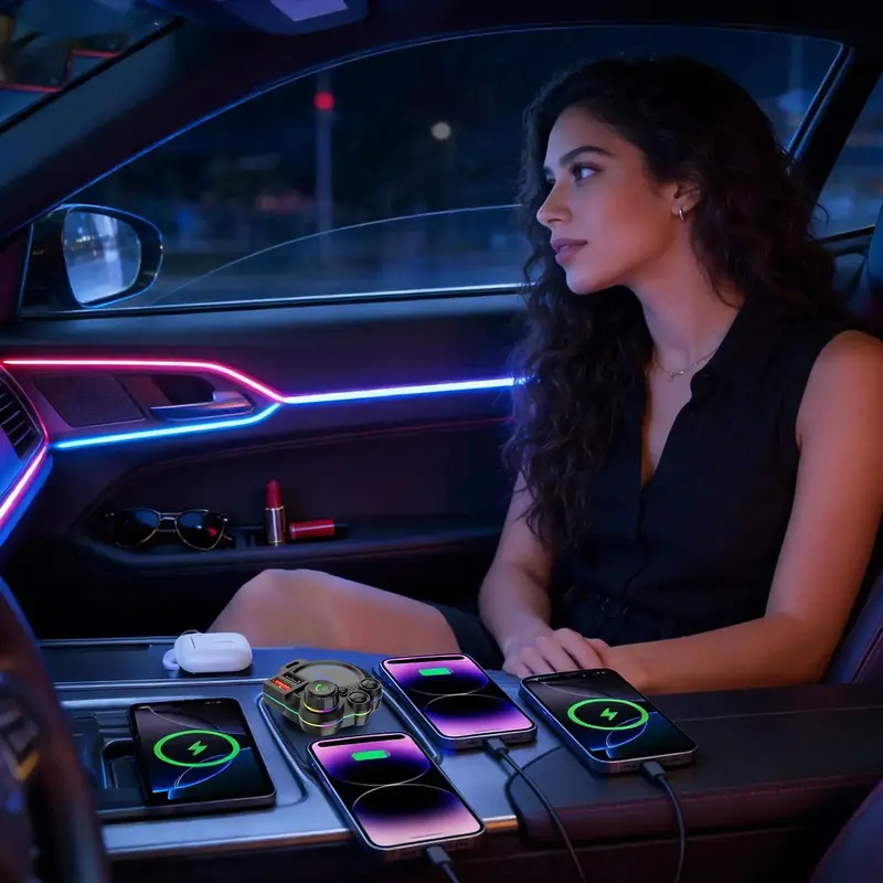 Bluetooth 5.3 FM Transmitter Car Charger with PD Fast Charging & RGB Ambient Light-Turn any drive into a smarter, clearer, and more connected experience — no car stereo upgrade needed.