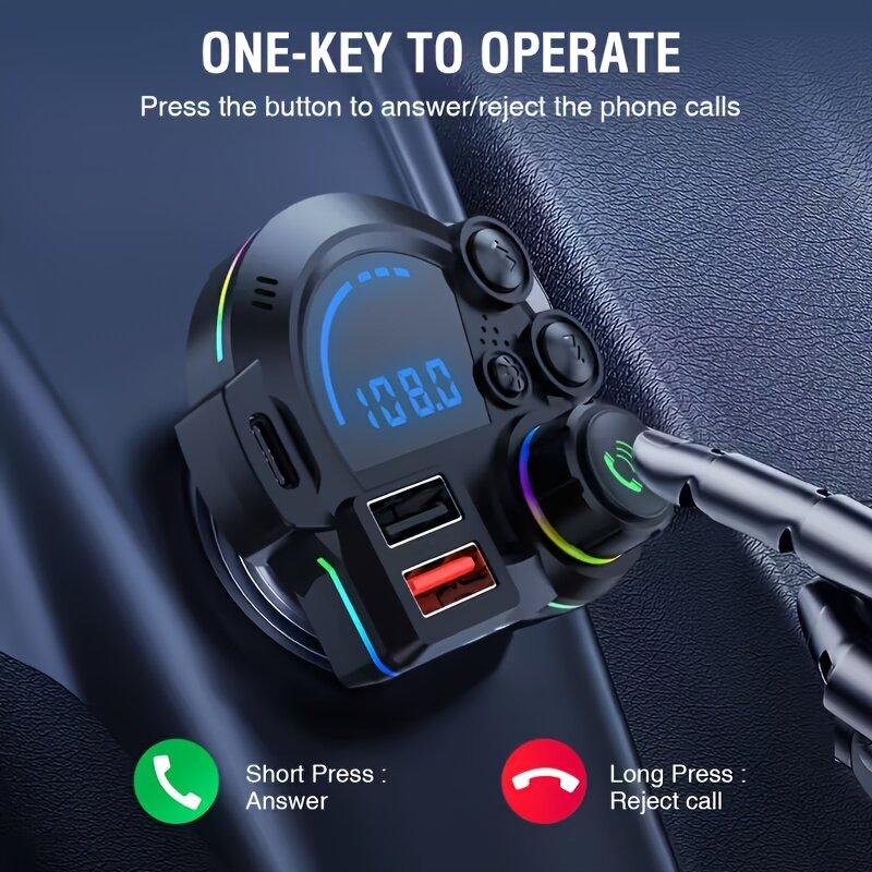 PD 30W Type-C Car Charger & Bluetooth 5.3 FM Transmitter, Wireless MP3 Player with Dual USB Ports, Bass Sound Enhancer, RGB Glowing Radio Adapter, Hands-Free Calls, Car Accessories & Road Trip Essentials, Compatible with 12V-24V