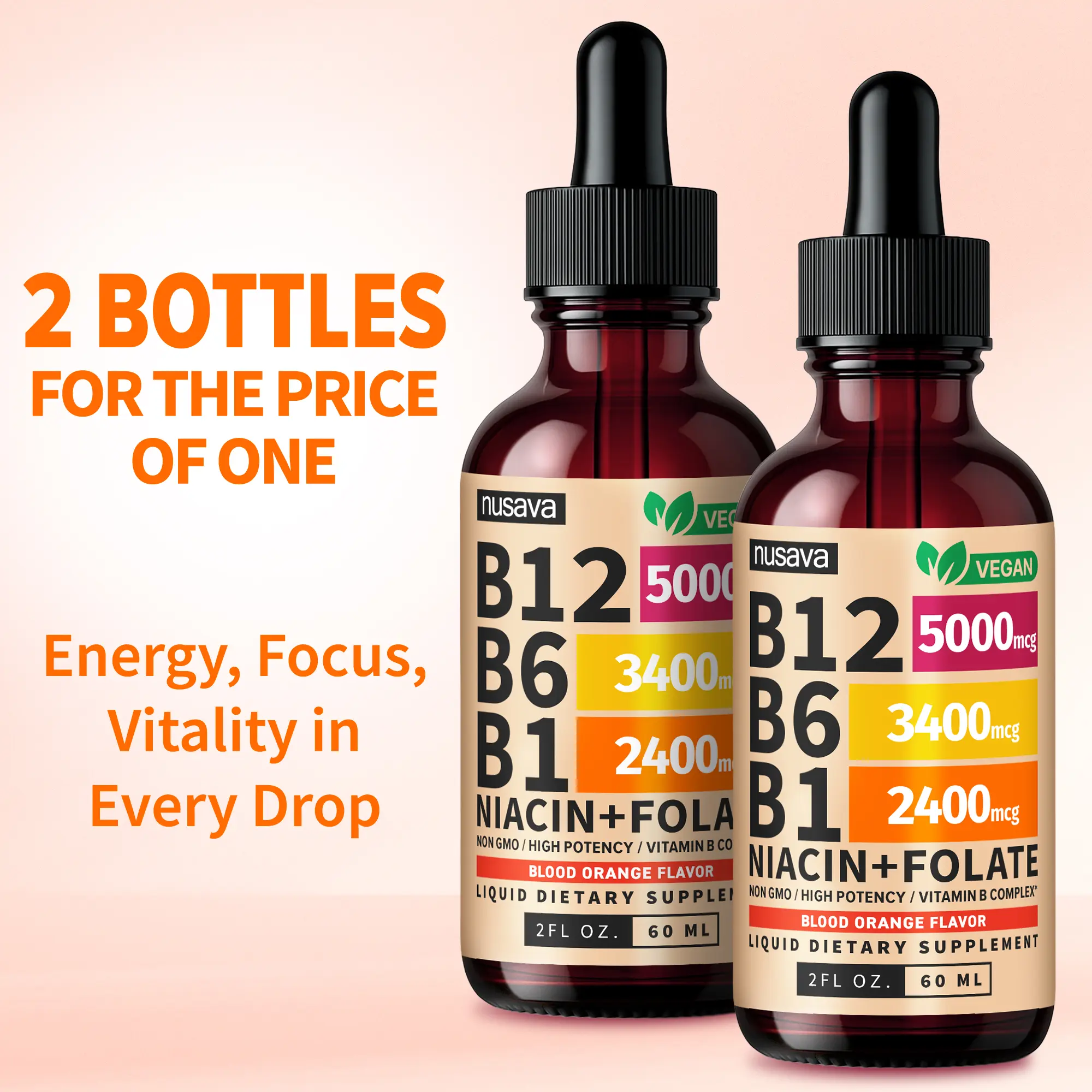 Vitamin B12 Energy Drops – B6, B1, Folate & Niacin Liquid Supplement (2-Pack)