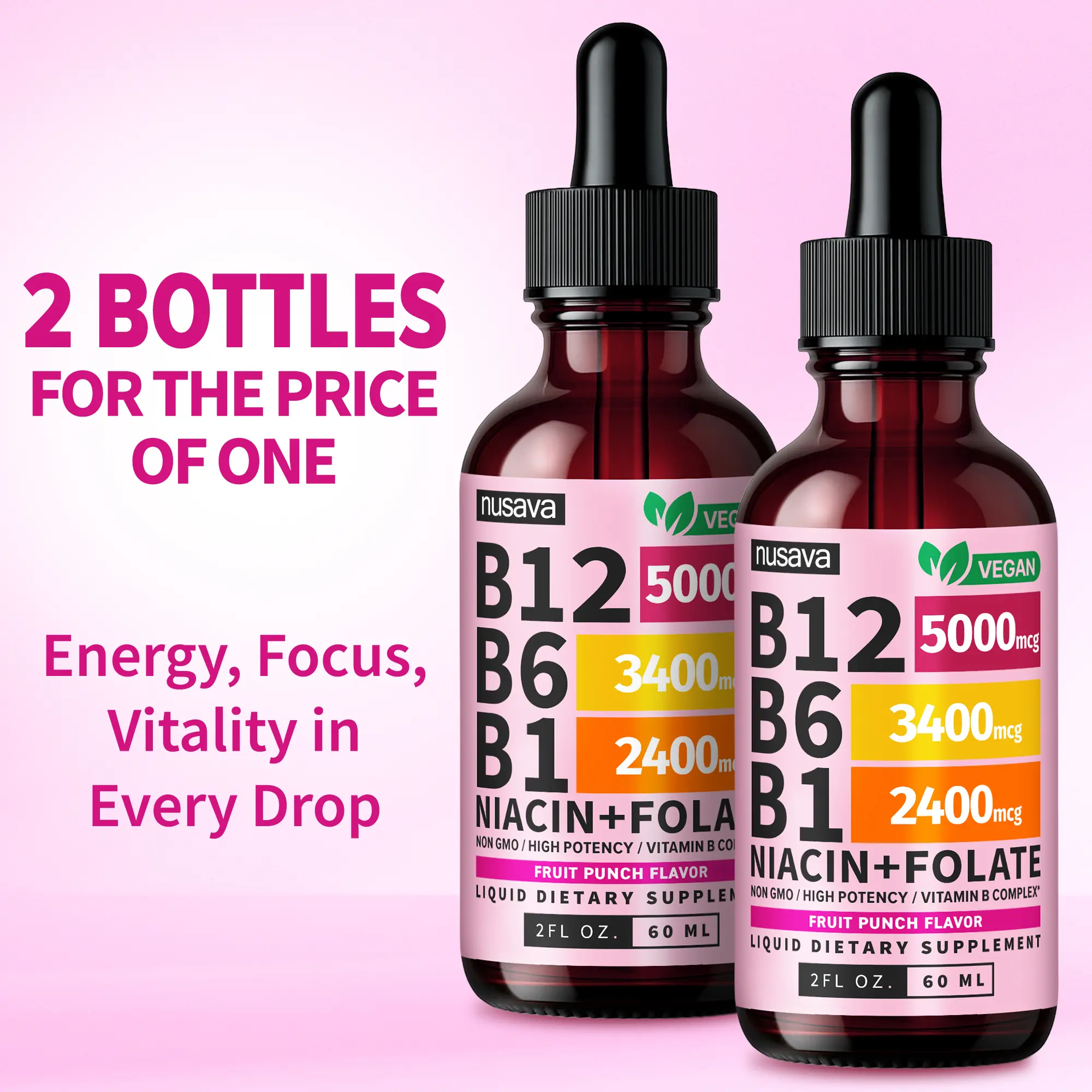 Vitamin B12 Energy Drops – B6, B1, Folate & Niacin Liquid Supplement (2-Pack)