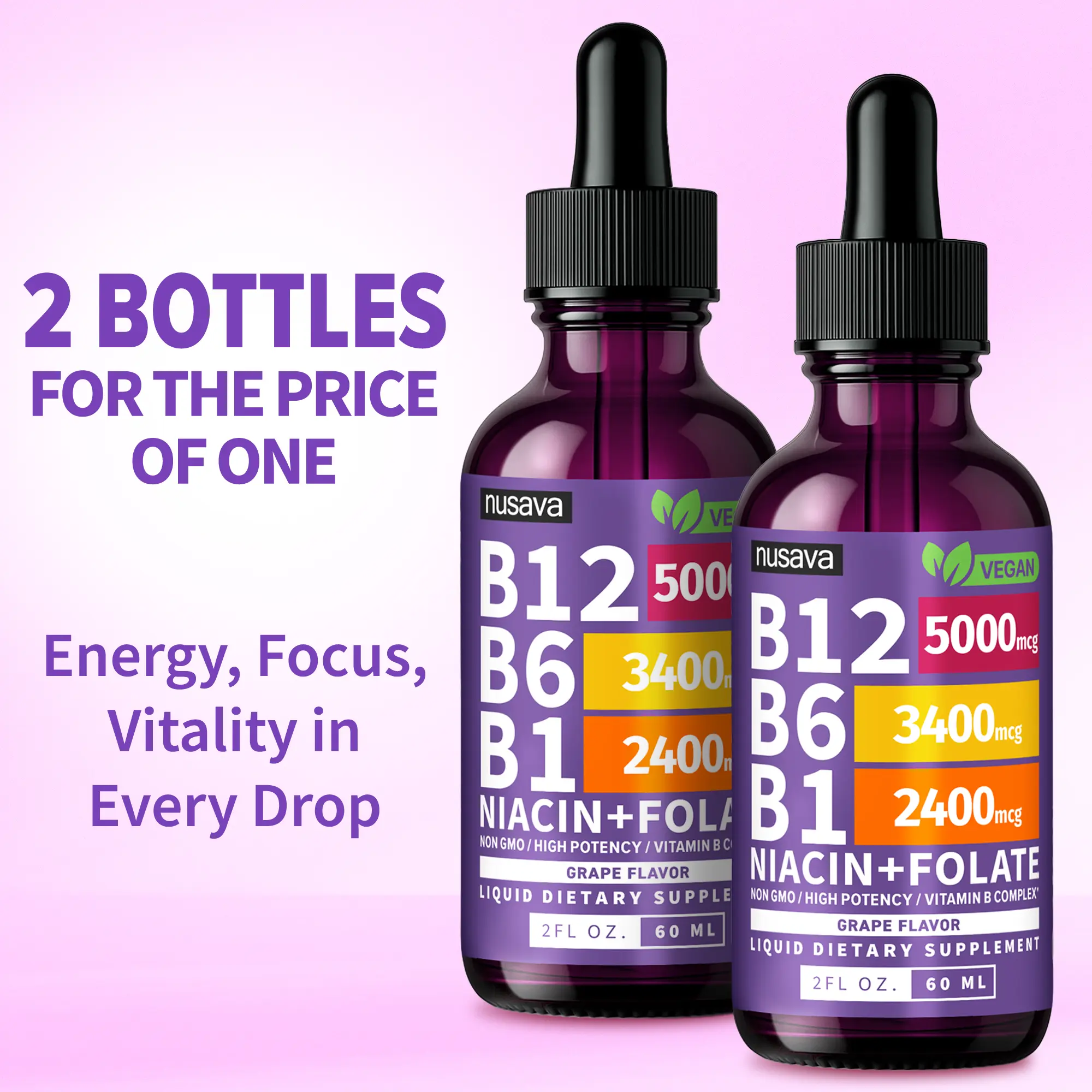 Vitamin B12 Energy Drops – B6, B1, Folate & Niacin Liquid Supplement (2-Pack)