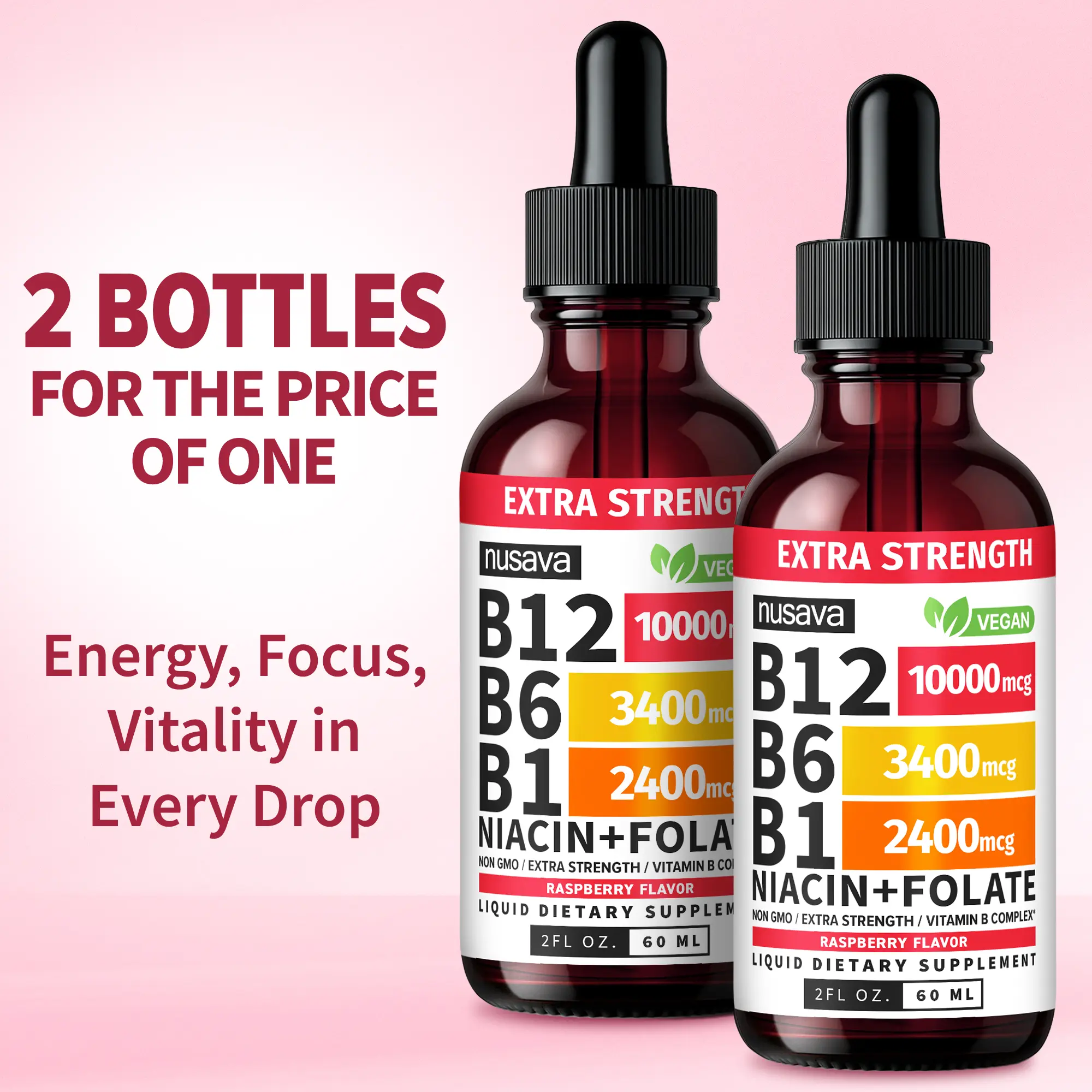 Vitamin B12 Energy Drops – B6, B1, Folate & Niacin Liquid Supplement (2-Pack)