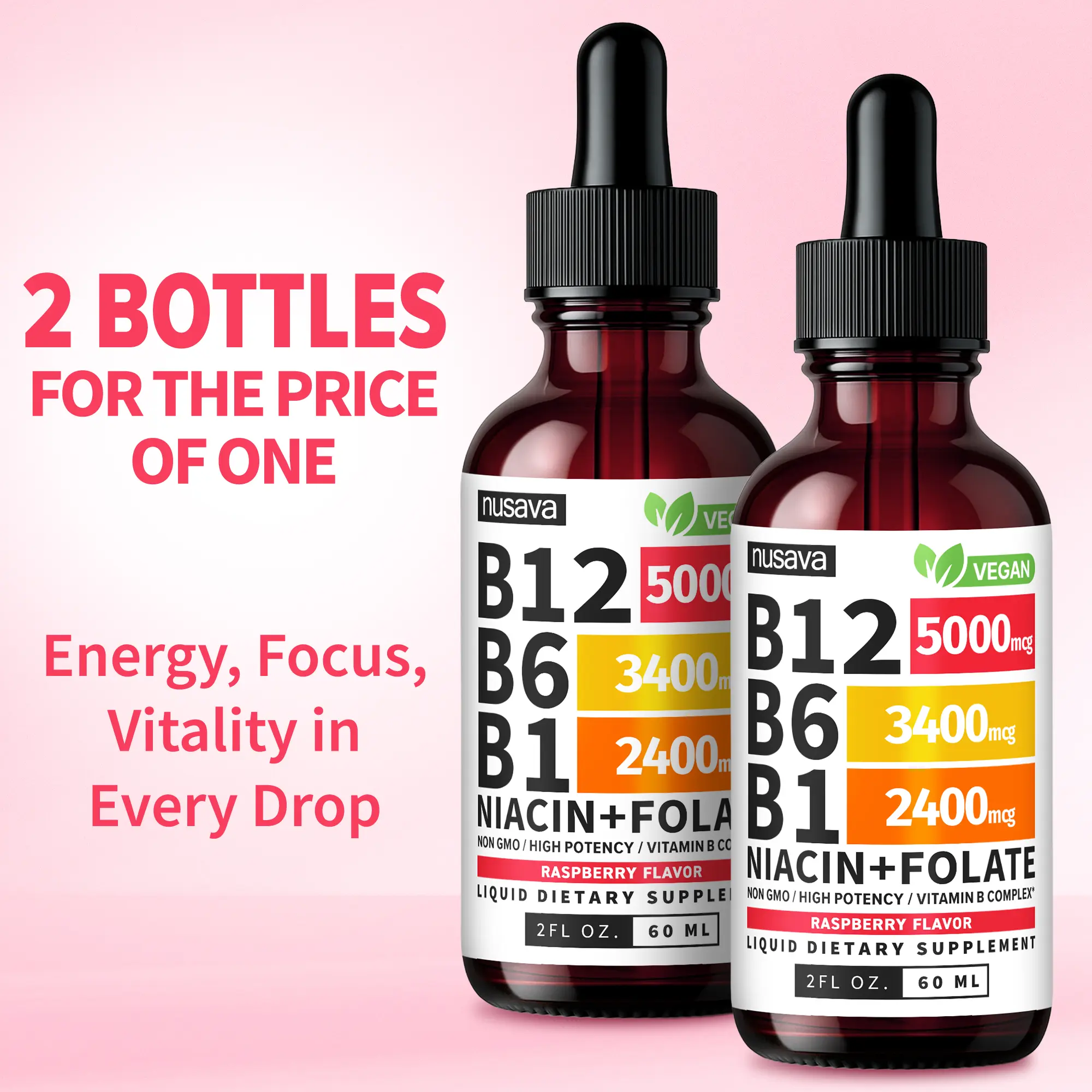 Vitamin B12 Energy Drops – B6, B1, Folate & Niacin Liquid Supplement (2-Pack)