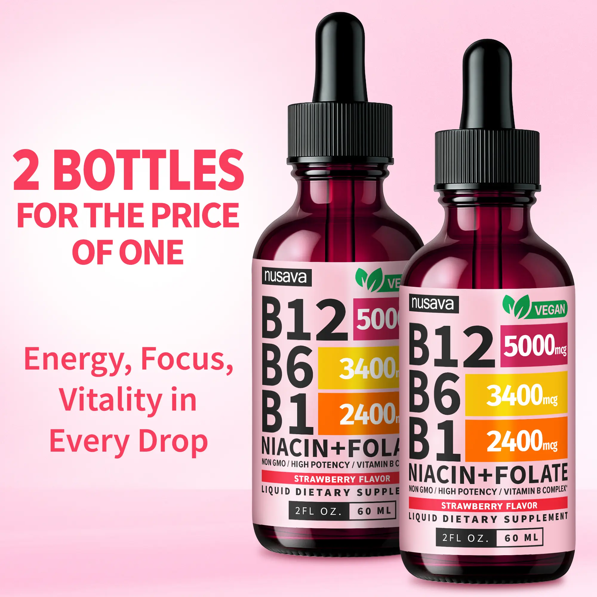 Vitamin B12 Energy Drops – B6, B1, Folate & Niacin Liquid Supplement (2-Pack)