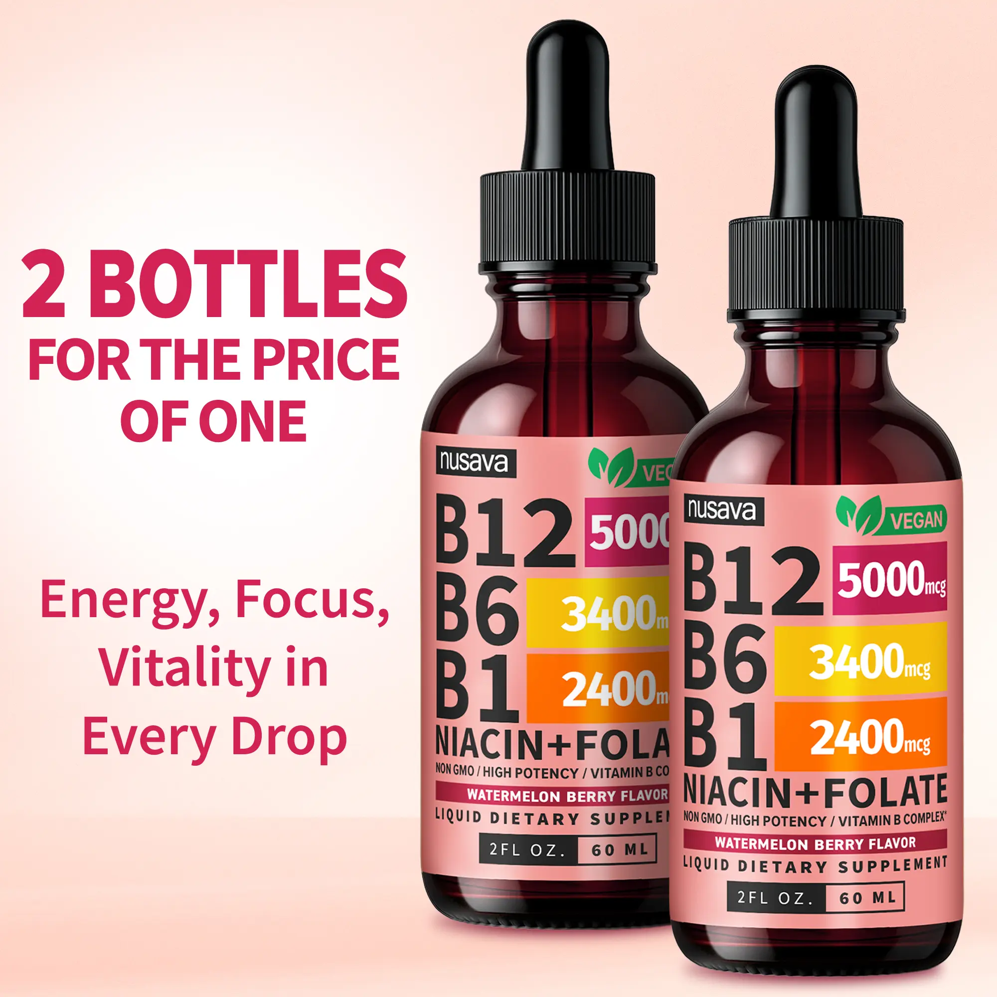 Vitamin B12 Energy Drops – B6, B1, Folate & Niacin Liquid Supplement (2-Pack)