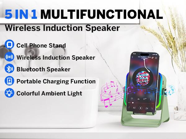 [FathersDayGift] PUTARE Wireless Induction Audio Speaker Stand, 5in1 Cellphone Holder, 3500mAh Rechargeable Emergency Power Bank,360&deg; Adjustable Mobile Tablet Stand with Colorful Ambient Light Gifts for Men Women SummerWins