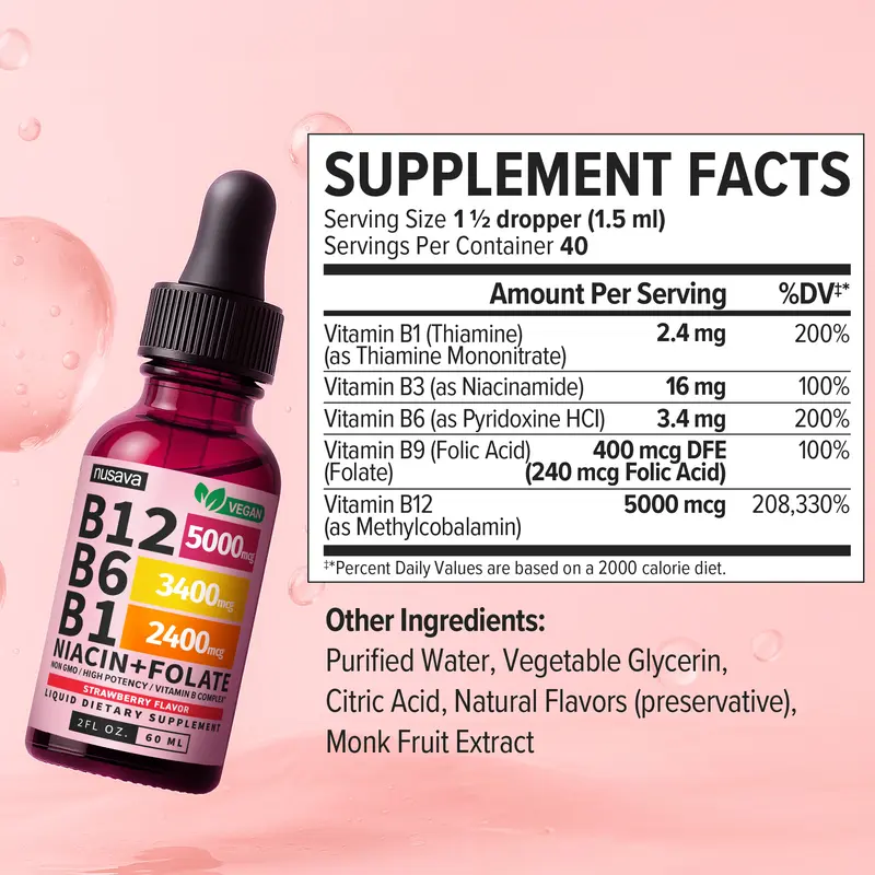 Vitamin B12 Energy Drops – B6, B1, Folate & Niacin Liquid Supplement (2-Pack)